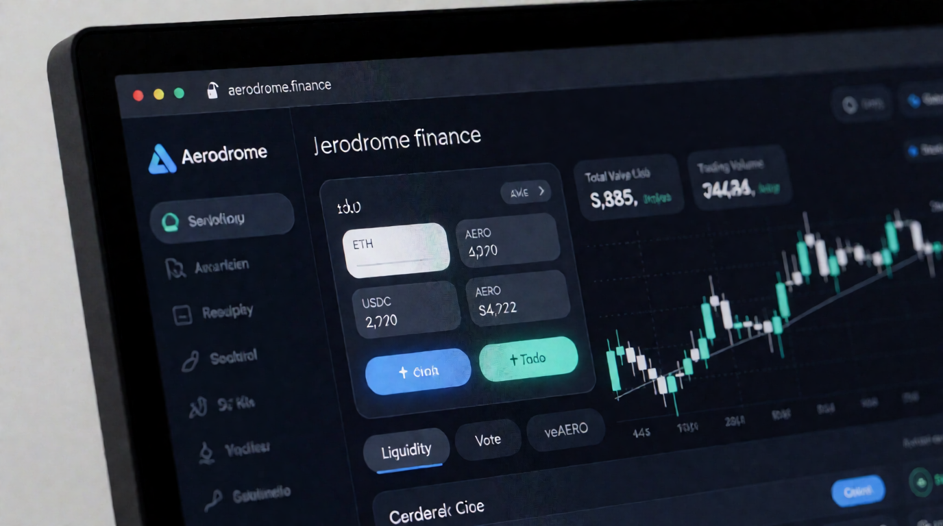 Photorealistic image of a computer screen showing the Aerodrome Finance swap dashboard with price charts, pool statistics, and a padlock icon in the browser address bar.