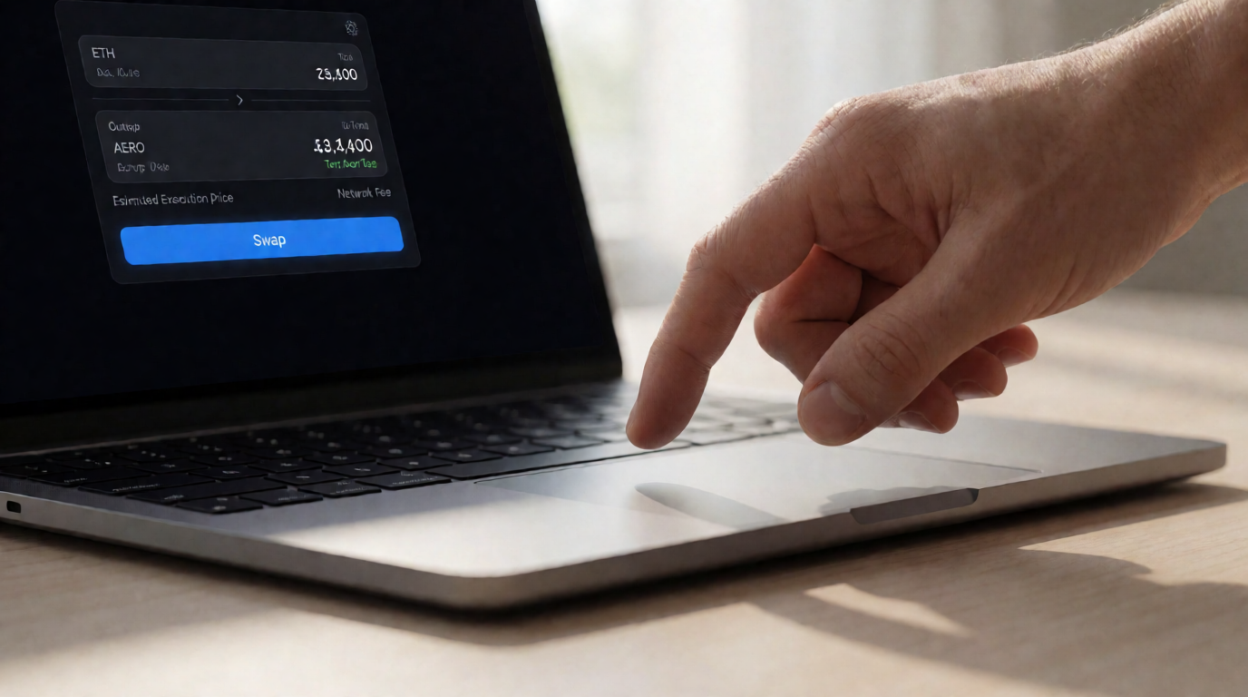 A hand near a laptop trackpad ready to confirm an ETH to AERO token swap on a modern crypto interface, showing estimated price and slippage settings.