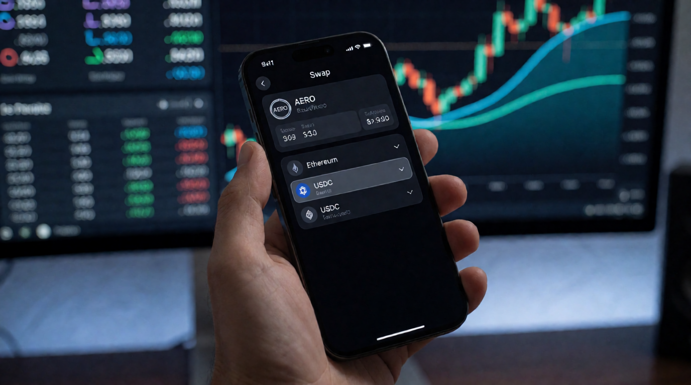Close-up of a smartphone showing the Aerodrome swap interface with AERO token selected and options for ETH and USDC.