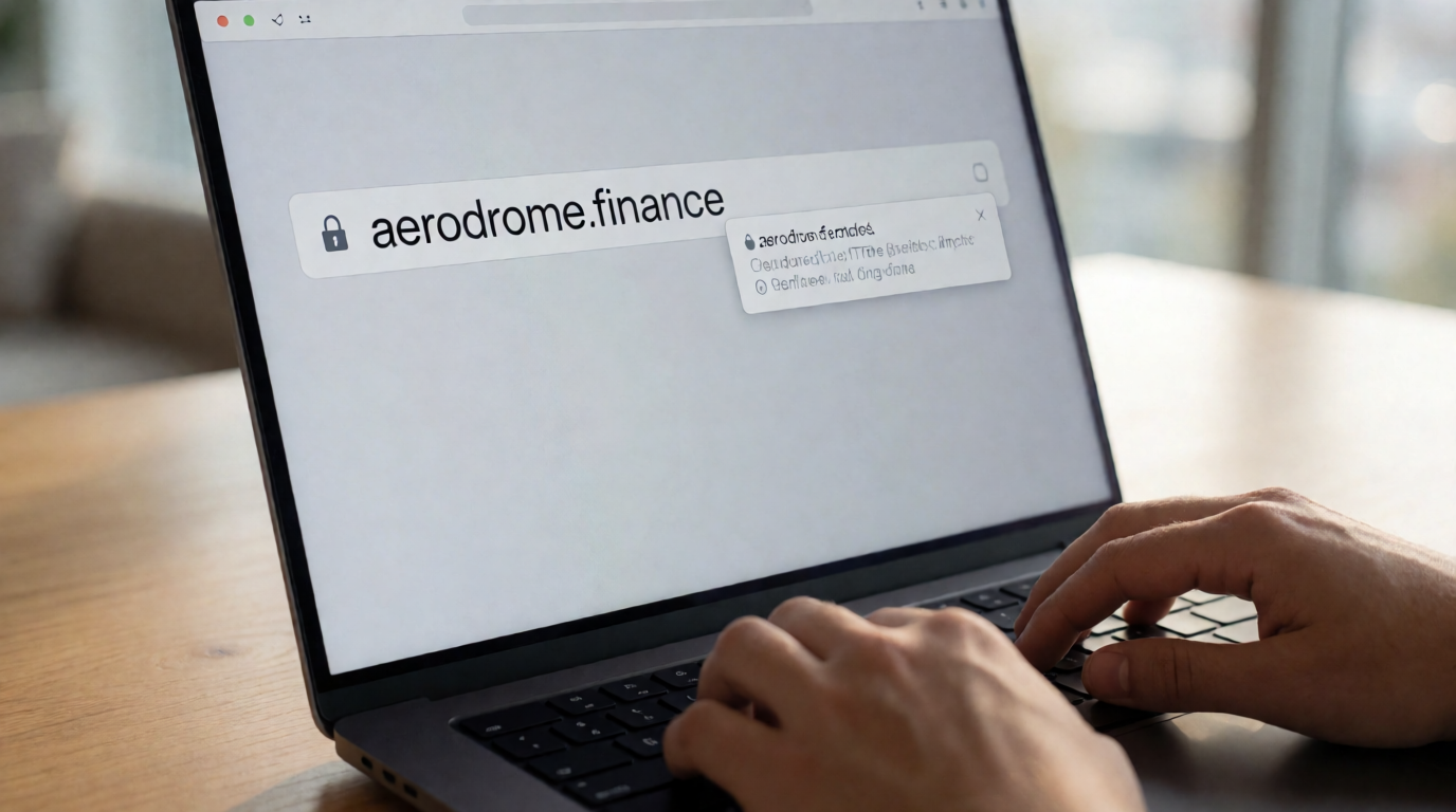 A person carefully typing the official Aerodrome Finance URL into a browser, with a padlock and certificate displayed, ensuring a secure connection.
