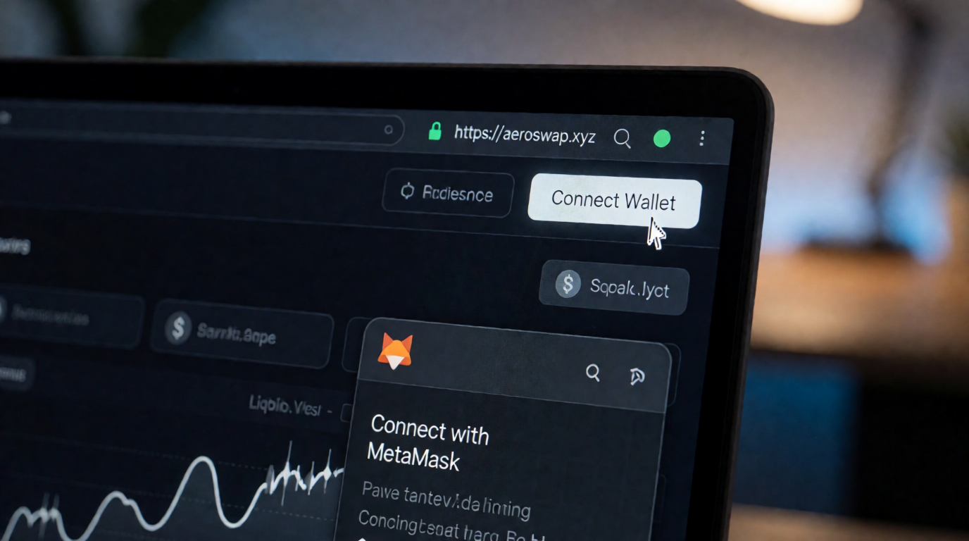 Laptop screen displaying the Aero Swap interface with the Connect Wallet button and a MetaMask connection prompt.